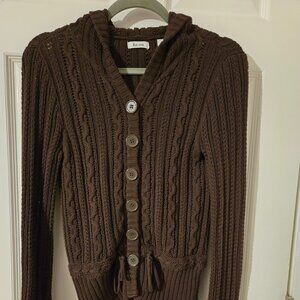 Liz & Co. Brown Cotton Button Front Open Weave Hooded Drawstring Cardigan Size M